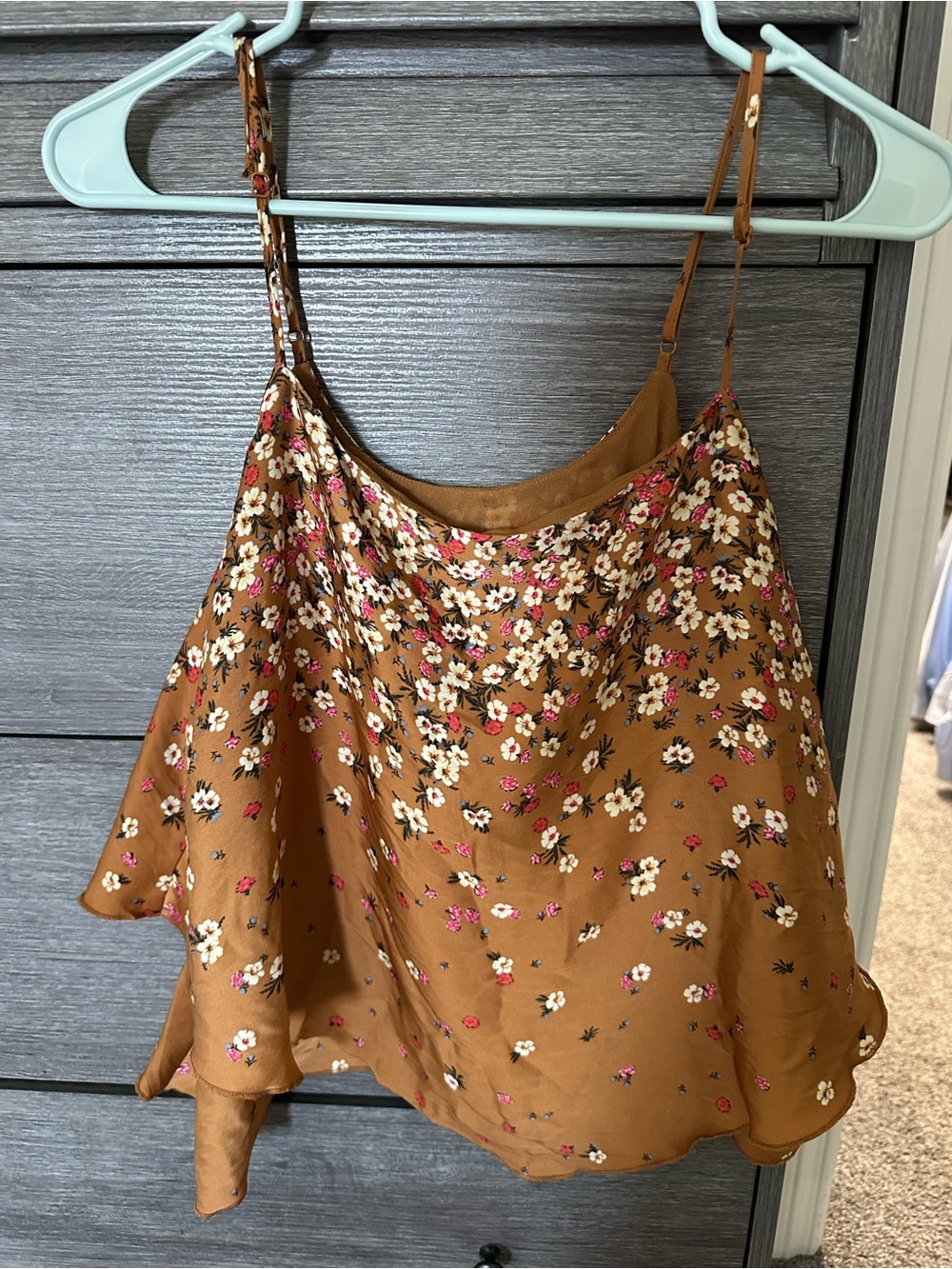 Free People Brown Floral Satin Slip Cami with Pink & White Flowers